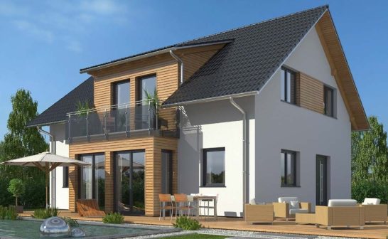 Moderner zweigeschossiger Bau mit Terrasse, Gartenmöbeln und Poolbereich.
