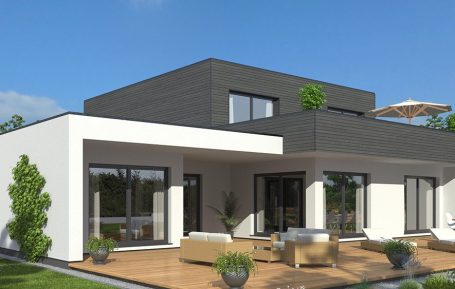 Drevo Fertigbau - Fachberater für Fertighäuser - Thomas Bärtle Modernes Haus mit Flachdach, Terrasse und großen Fenstern, umgeben von Grünpflanzen.
