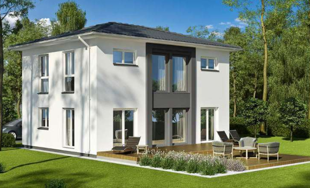 EFH Noble 123W Modern, zweigeschossiges Haus mit Terrasse und grüner Umgebung.