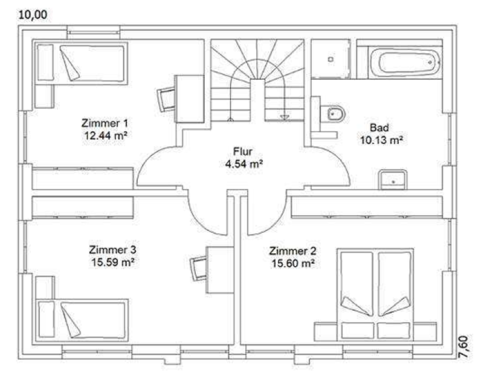 Grundriss OG Bodenriss eines Hauses mit drei Zimmern, Bad und Treppenaufgang.