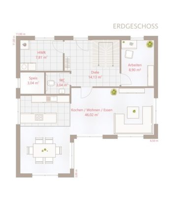 Drevo EFH 150 SD - Erdgeschoss Grundriss eines Wohnraums mit Küche, Essbereich, Bad und zwei Schlafzimmern.