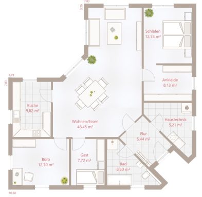 Drevo Bungalow 117 WD - Erdgeschoss Grundriss einer Wohnung mit drei Zimmern, Küche, Bad und einem Essbereich.