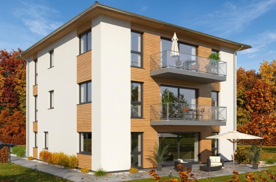 Moderne Villa mit Holzverkleidung, Balkon und Sonnenschirmliegen im Garten.