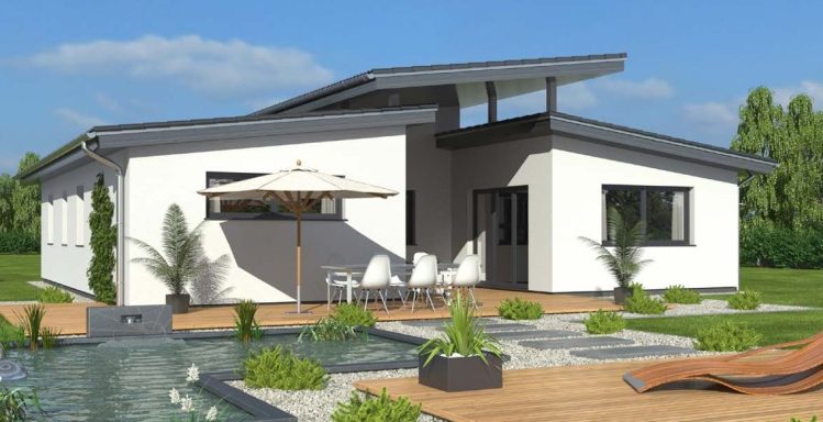 Drevo Bungalow 101 VPD Modernes Einfamilienhaus mit Garten, Terrasse und Poolbereich.