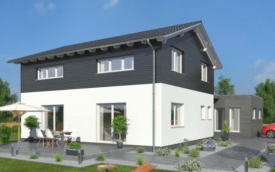 Modernes zweigeschossiges Wohnhaus mit Garten und Terrasse.