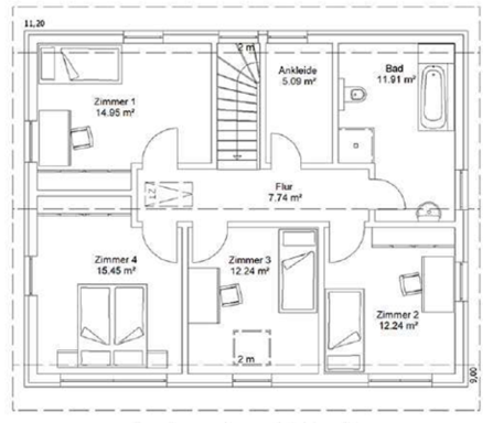 Grundriss DG Grundriss eines Hauses mit fünf Zimmern, Treppe und Badezimmer.