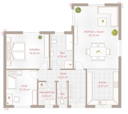 Drevo Bungalow 99 WD - Erdgeschoss Grundriss einer Wohnung mit drei Zimmern, Küche, Bad und Essbereich.