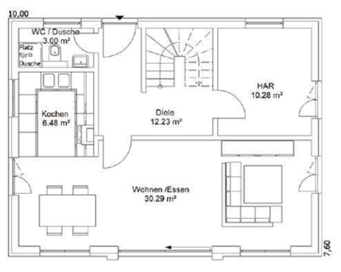 Grundriss EG Grundriss eines Hauses mit Küche, Esszimmer, Wohnzimmer und Treppe.