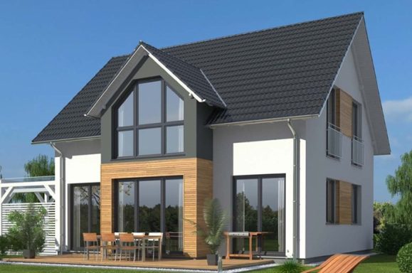 Drevo EFH SD 122 Modernes Haus mit Holzakzenten, großen Fenstern und einem Eingangsbereich.