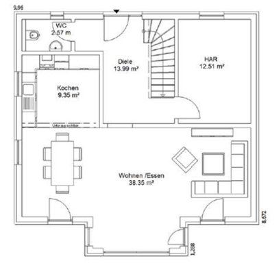 Grundriss EG Grundriss eines Hauses mit Zimmeranordnung und Maßeinträgen.