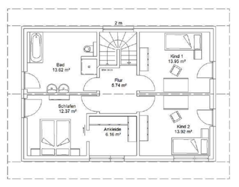 Grundriss OG Erdgeschossgrundriss mit Schlafzimmer, Wohnzimmer, Küche und Badezimmer.