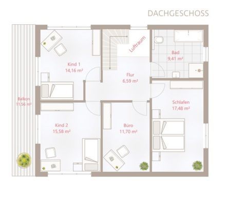 Drevo EFH 169 SD - Dachgeschoss Grundriss eines Dachgeschosses mit vier Räumen, Treppe und Möbelbeschriftungen.