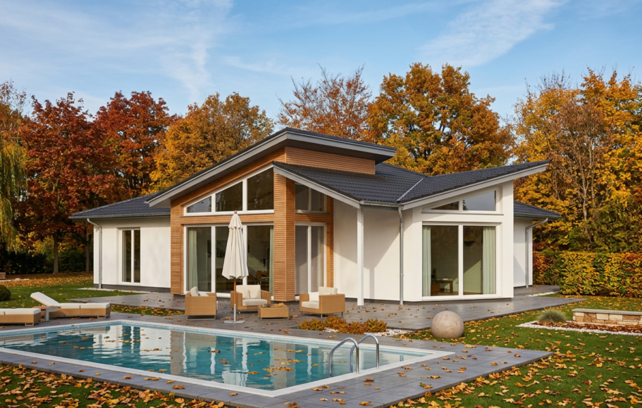 Modernes zweigeschossiges Haus mit schwarzem Dach und roter Seitenwand.