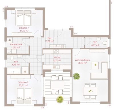 Drevo Bungalow 101 VPD - Erdgeschoss Grundriss einer Wohnung mit zwei Schlafzimmern, einem Wohnbereich und einem Essbereich.