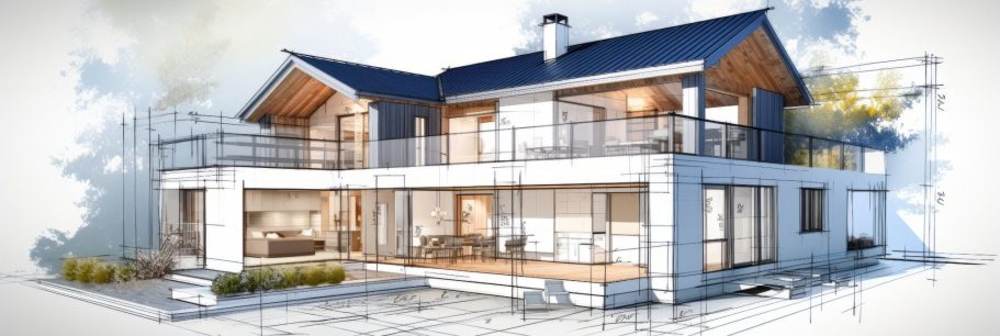 Moderne Architektur eines zweigeschossigen Hauses mit großen Fenstern und Terrasse.