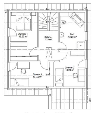 Grundriss DG Grundriss eines Hauses mit zwei Schlafzimmern, Wohnzimmer, Küche und Treppe.