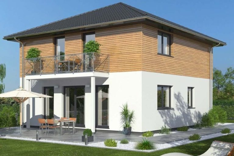 Modernes zweigeschossiges Haus mit großen Fenstern und Terrasse im Freien.