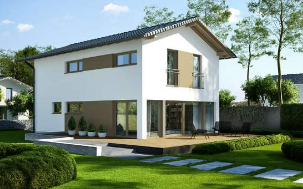 EFH Vielseitige 139 Modernes Haus mit weißer Fassade, großen Fenstern und Gartenlandschaft.
