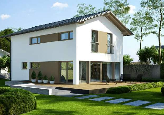 Enovia Haus - EFH - Vielseitige 139 Modernes, weißes Haus mit Holzverkleidung und einem gepflegten Garten.