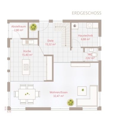 Drevo EFH 140 SD - Erdgeschoss Grundriss eines Erdgeschosses mit Raumaufteilungen und Flächenangaben.
