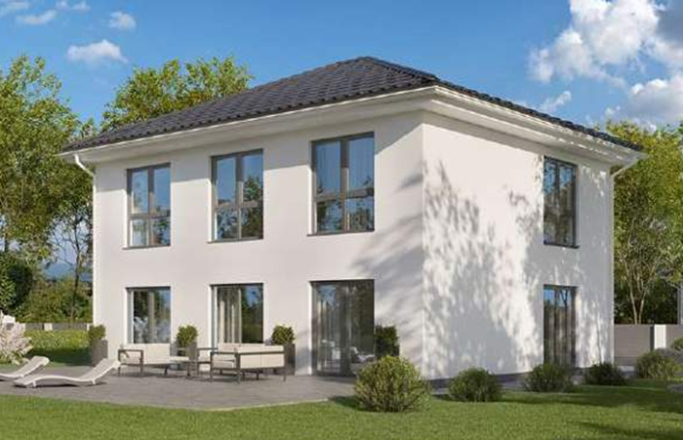 Enovia 2 Fam. Haus Funktionale 160 WD Modernes zweistöckiges Haus mit großen Fenstern und einem gepflegten Garten.