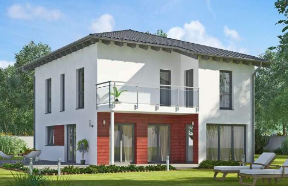 EFH Noble 155W Modernes zweistöckiges Haus mit Terrassen und Garten, umgeben von Bäumen.