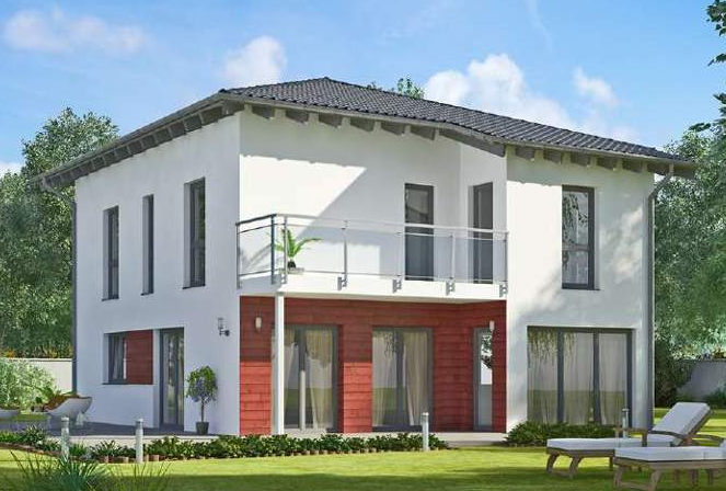 Enovia Haus - EFH - Noble 155W Modernes zweigeschossiges Haus mit roten Akzenten, Balkon und Garten.