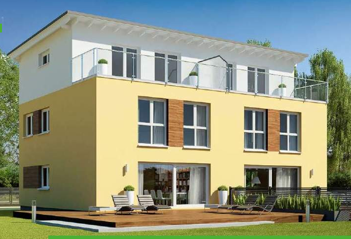 Enovia Haus Modernes zweistöckiges Haus mit Balkon und Holzterrasse, umgeben von Bäumen.