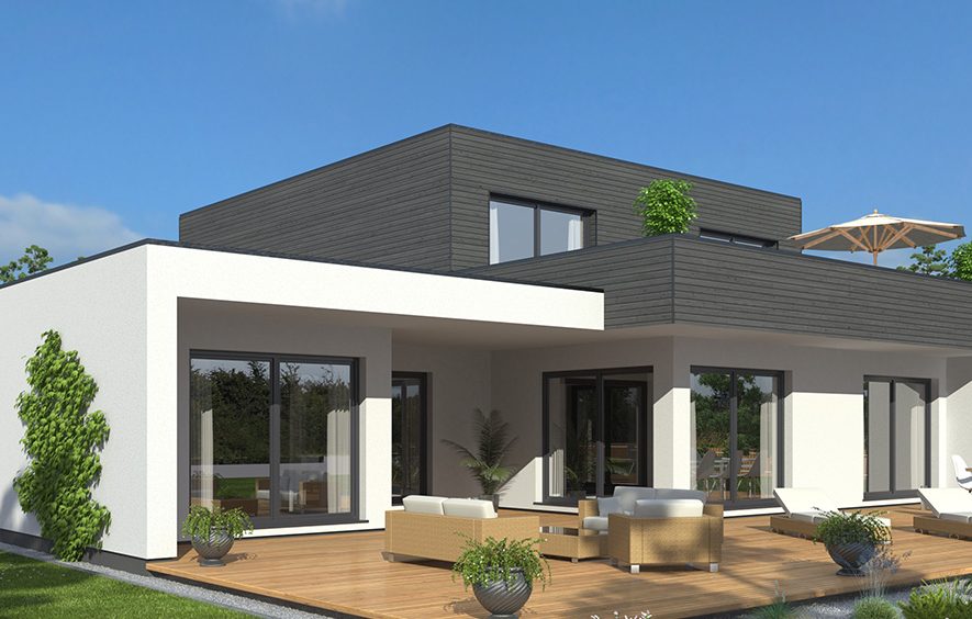 Modernes Haus mit flachem Dach, großen Fenstern und Terrasse. Grüner Gartenbereich.