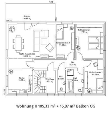 Grundriss Wohnung 2 Grundriss einer Wohnung mit drei Zimmern, Küche, Bad und Balkon im Obergeschoss.