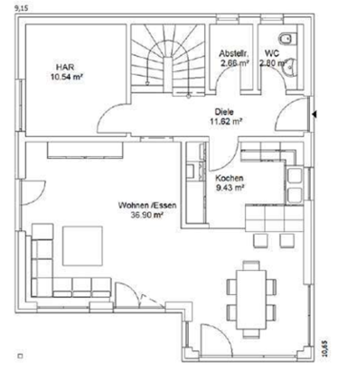 Grundriss EG Grundriss eines Hauses mit Wohnraum, Essbereich, Küche und zwei Badezimmern.
