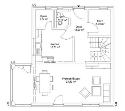 Grundriss EG Grundriss eines Hauses mit Wohnzimmer, Küche, Essbereich und Treppe.