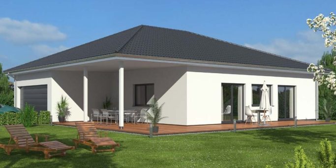 Drevo Bungalow 157 WD Ein modernes, einstöckiges Haus mit Terrasse, Garten und großen Fenstern.