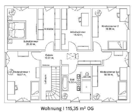 Grundriss OG Grundriss einer Wohnung im Obergeschoss mit mehreren Räumen und einem offenen Wohnbereich.