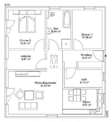 Grundriss Grundriss eines Hauses mit zwei Schlafzimmern, Wohnzimmer, Küche und Bad.
