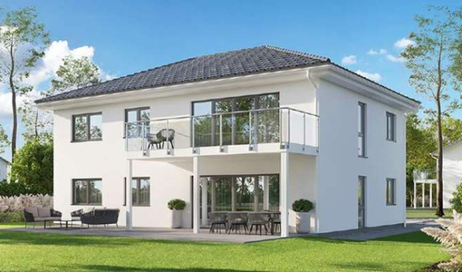 ZFH Funktionale 226W Modernes, zweigeschossiges Haus mit Balkon und großen Fenstern in einer grünen Umgebung.