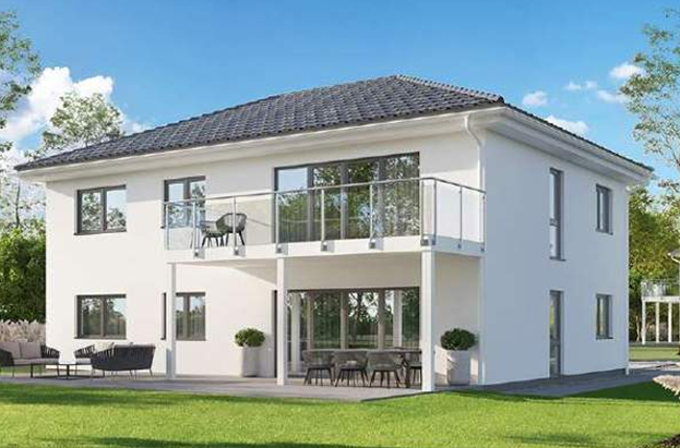 Enovia Haus - EFH - Noble 155W Modernes zweigeschossiges Haus mit roten Akzenten, Balkon und Garten.