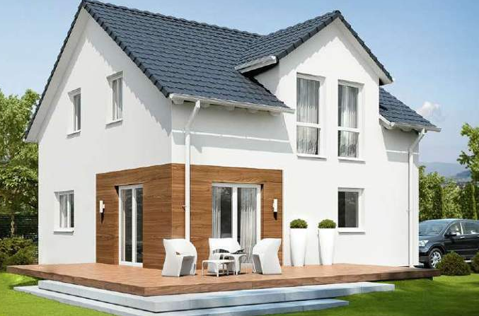 Enovia Haus - Der Hausbau Berater Th. Bärtle Modernes, zweigeschossiges Haus mit weißer Fassade und Holzverkleidung, Terrasse und Garten.