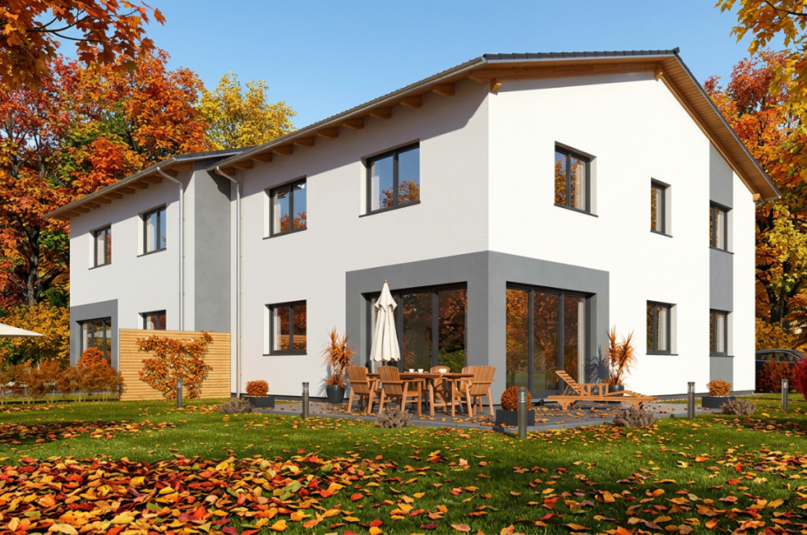 Drevo Fertighaus Modernes Haus mit Terrasse, Gartenmöbeln und Sonnenschirm, in sonniger Umgebung.