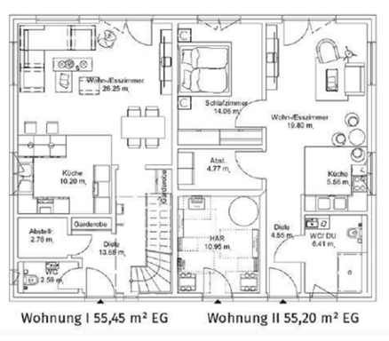 Grundriss EG Grundriss einer Wohnung mit zwei Einheiten, einschließlich Zimmeraufteilung und Flächenangaben.