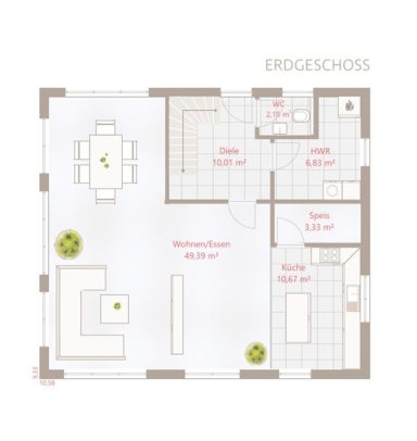 Drevo EFH 169 SD - Erdgeschoss Grundriss für das Erdgeschoss mit Wohnraum, Essbereich und Küche. Maße angegeben.