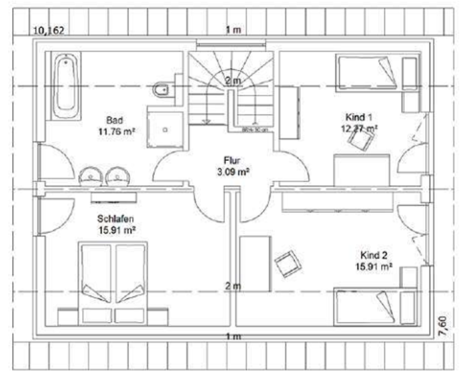 Grundriss DG Grundriss eines Hauses mit zwei Schlafzimmern, Badezimmer, Küche und Wohnzimmer.