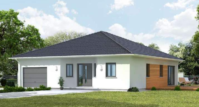 Enovia Bungalow Ausgewogene 135 Modernes Einfamilienhaus mit flachem Dach, Garagenanbau und heller Fassade.