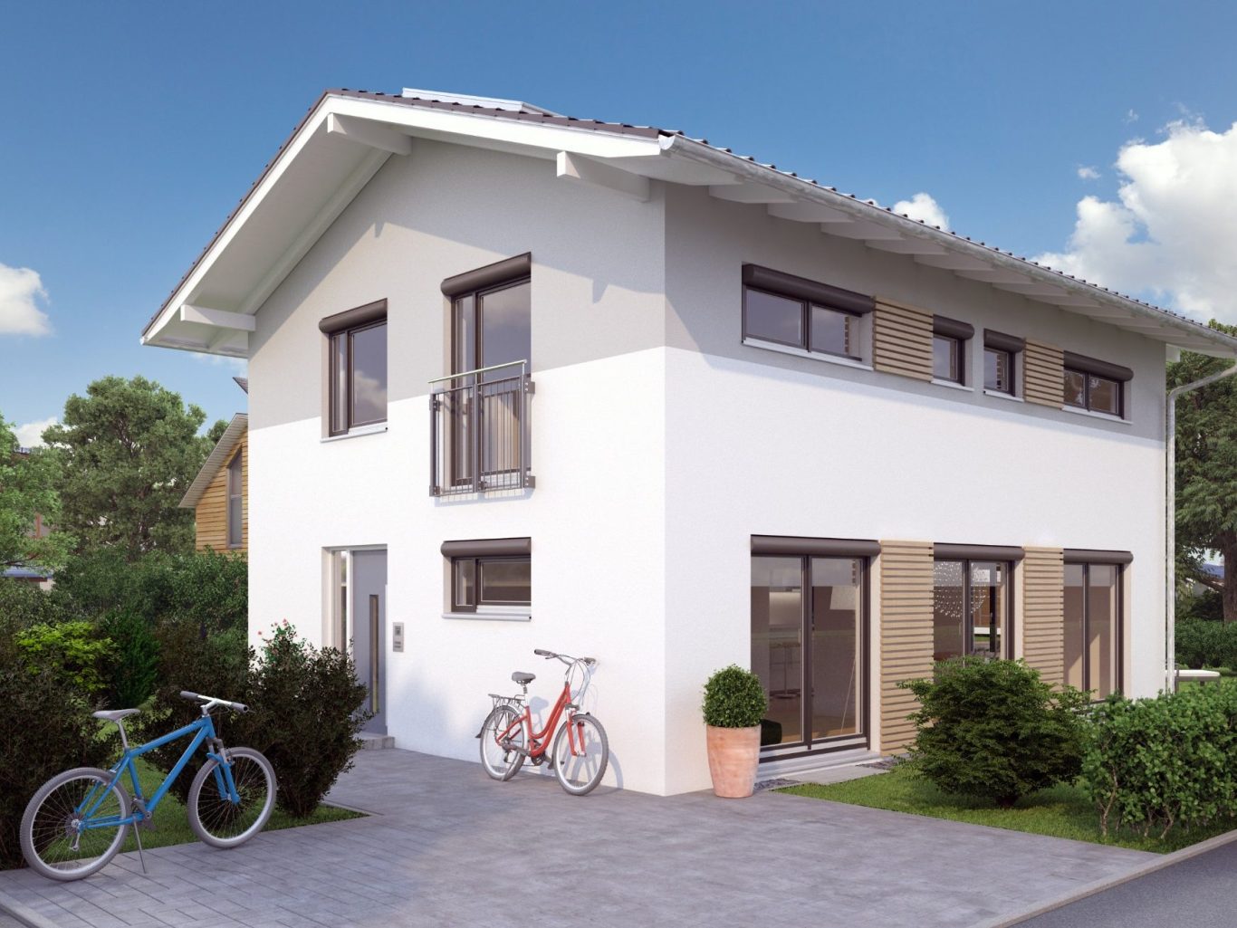 Der Hausbau Berater - Fachberater für Fertighäuser - Thomas Bärtle Modernes zweigeschossiges Haus mit Fahrrad und Pflanzen im Vordergrund.