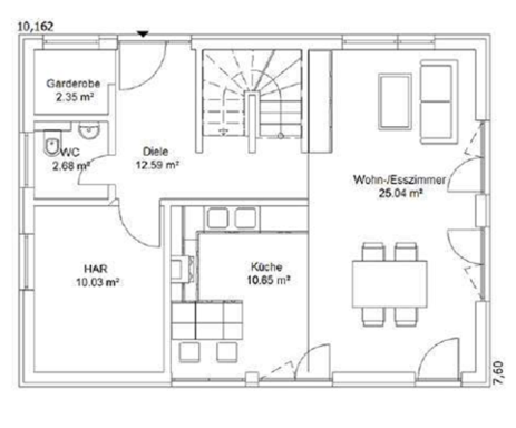 Grundriss EG Grundriss eines Hauses mit Wohnbereich, Küche, Esszimmer und Treppe.